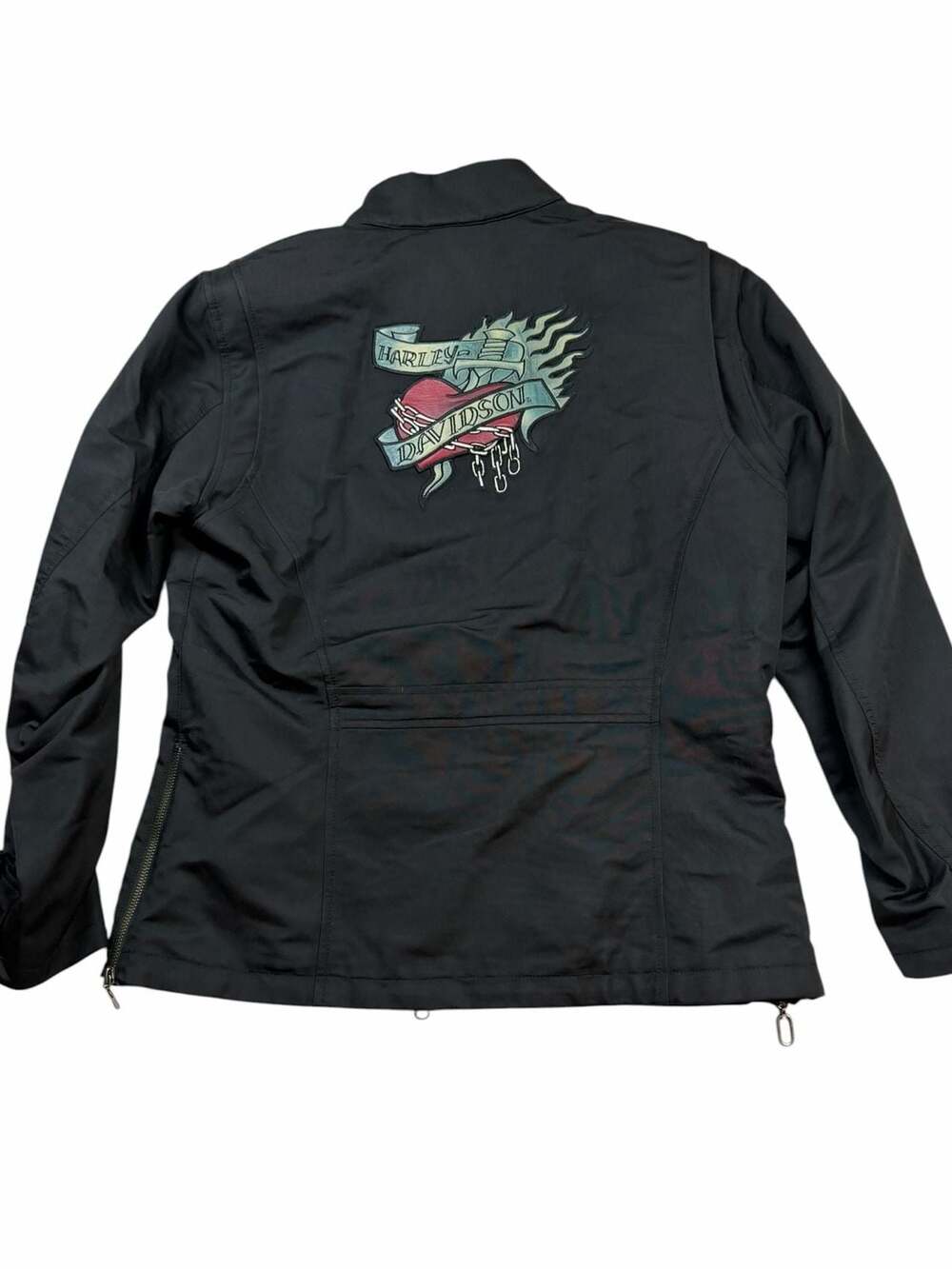 Harley Davidson Womens Large Black Jacket Flaming Heart Full Zip